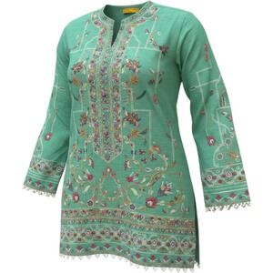 Sana Safinaz Embroidered Kurti Tunic Teal Green Floral Tassels XS NEW